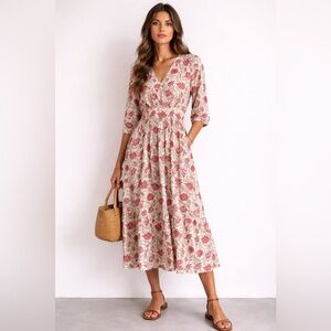 Monsoon Floral Midi Dress – Cream & Red Print – Size M